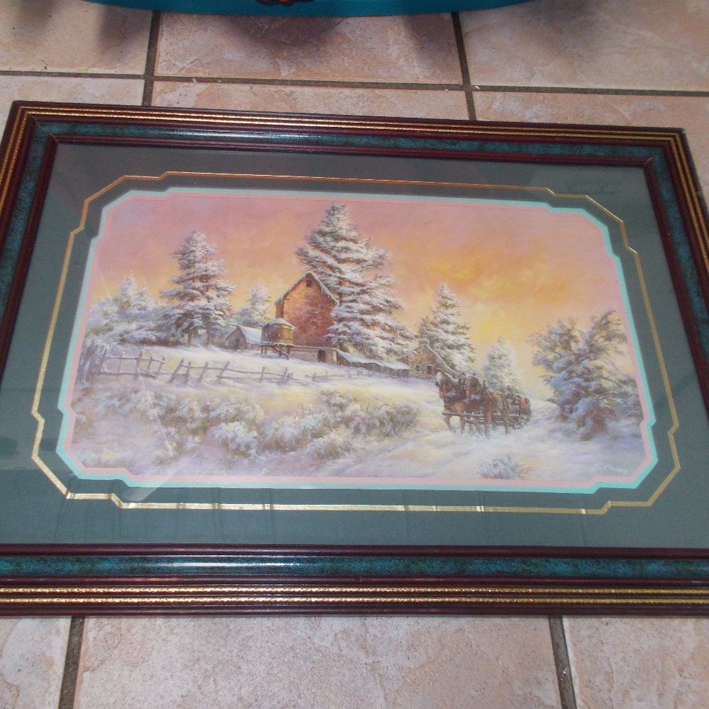 Vintage Snow Scene print by Lee K. Parkinson, matted & framed